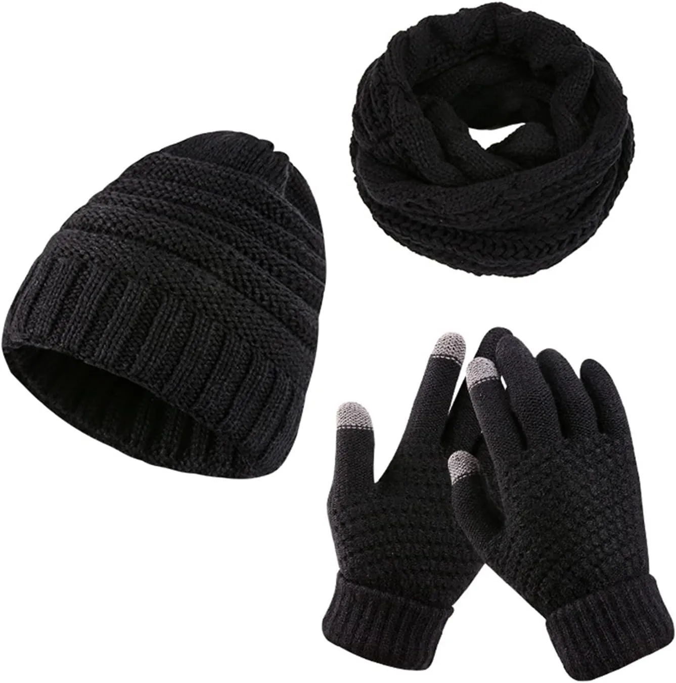 Cashmere-Like Knitted Winter Beanie Hat Infinity Scarf Touch Screen Gloves 3PC Set
