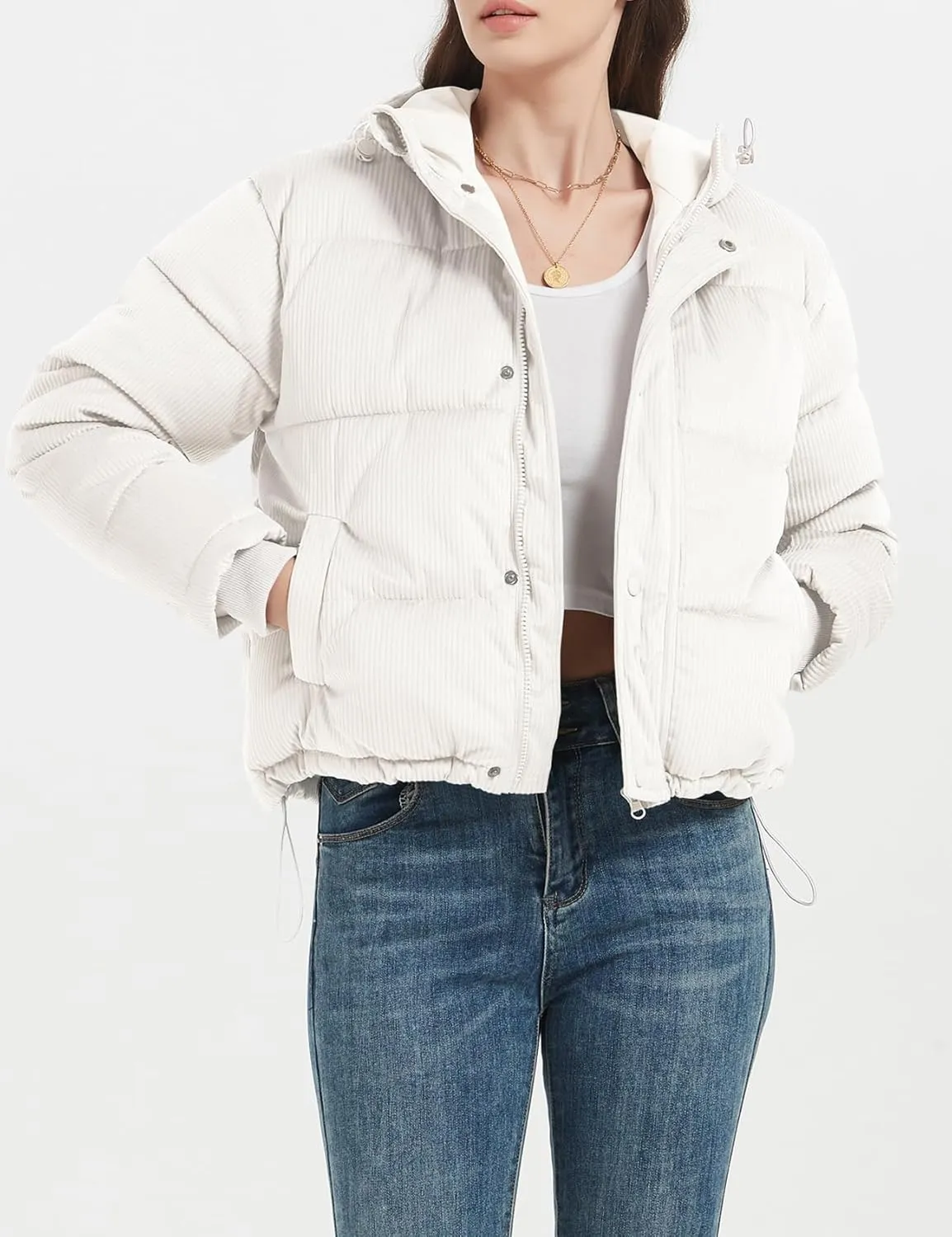 COZYPOIN Women's Winter Puffer Coats Corduroy Down Jacket Quilted Hooded Warm Padded Outerwear