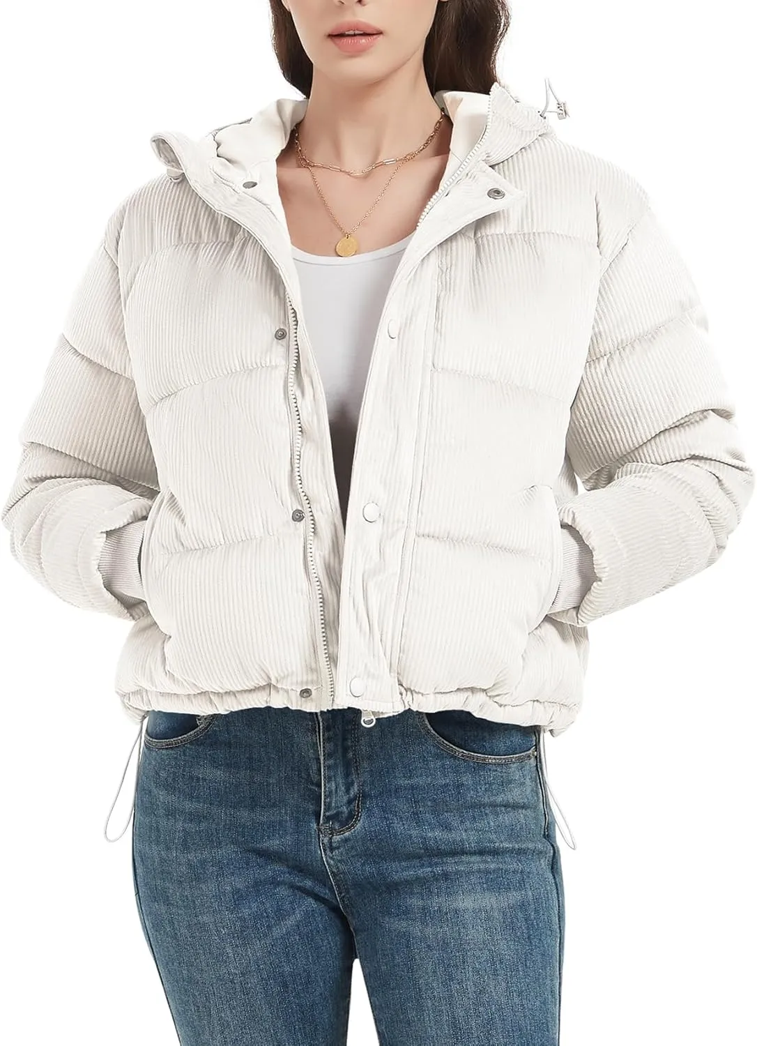 COZYPOIN Women's Winter Puffer Coats Corduroy Down Jacket Quilted Hooded Warm Padded Outerwear
