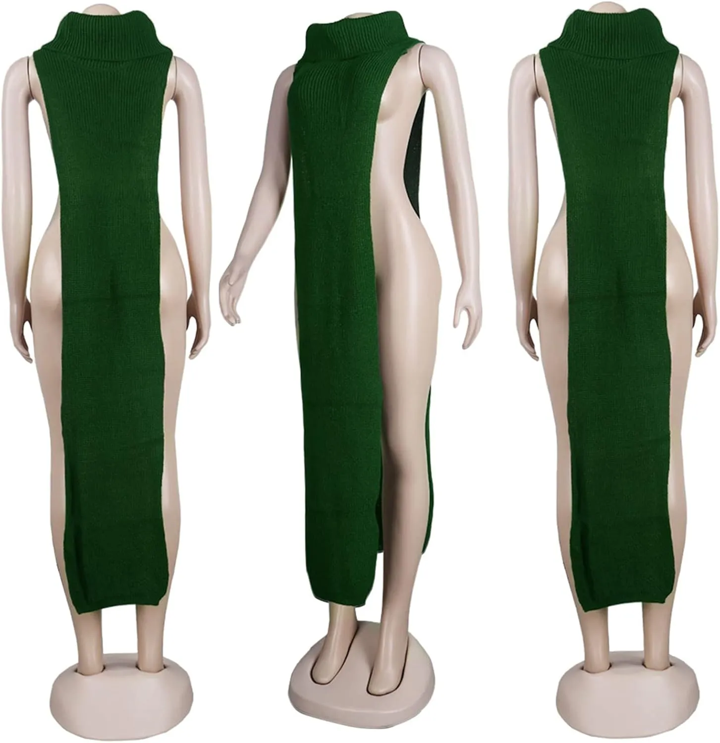 Famnbro Women's Sleeveless Turtleneck Sweater Sexy High Slit Long Maxi Dress Ribbed Knitted Top