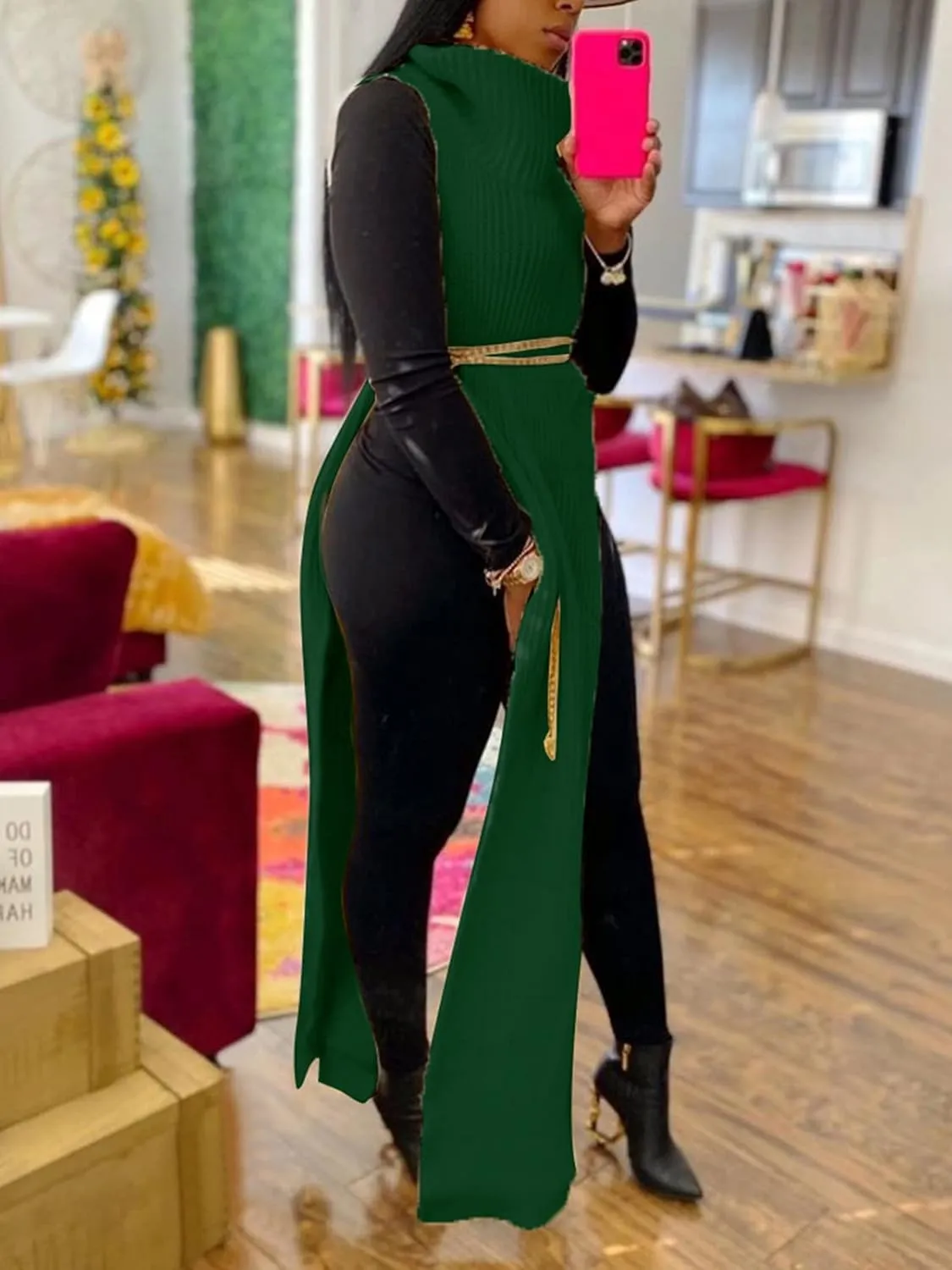 Famnbro Women's Sleeveless Turtleneck Sweater Sexy High Slit Long Maxi Dress Ribbed Knitted Top