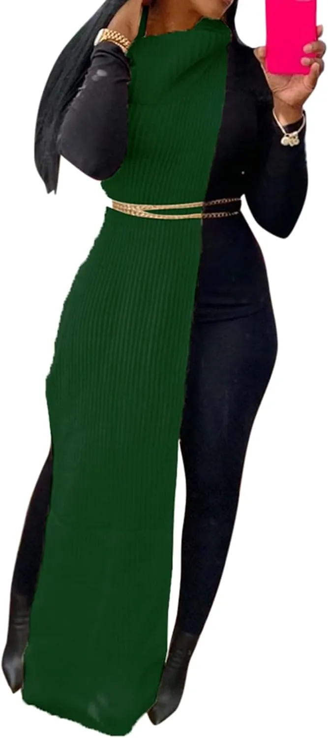 Famnbro Women's Sleeveless Turtleneck Sweater Sexy High Slit Long Maxi Dress Ribbed Knitted Top