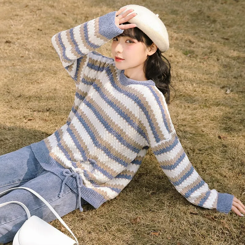 Fashion Girls Loose Short Style Contrast Color Striped Sweater