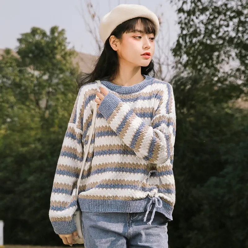 Fashion Girls Loose Short Style Contrast Color Striped Sweater
