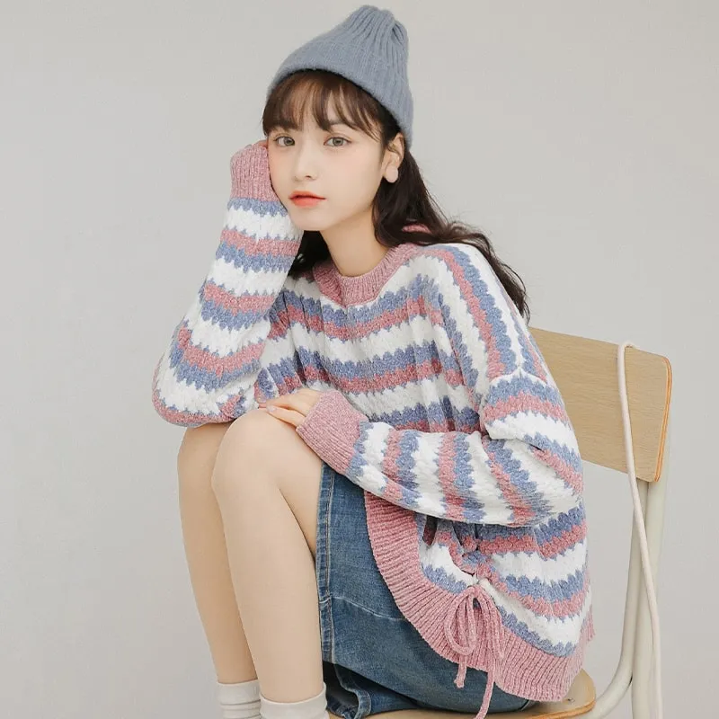 Fashion Girls Loose Short Style Contrast Color Striped Sweater
