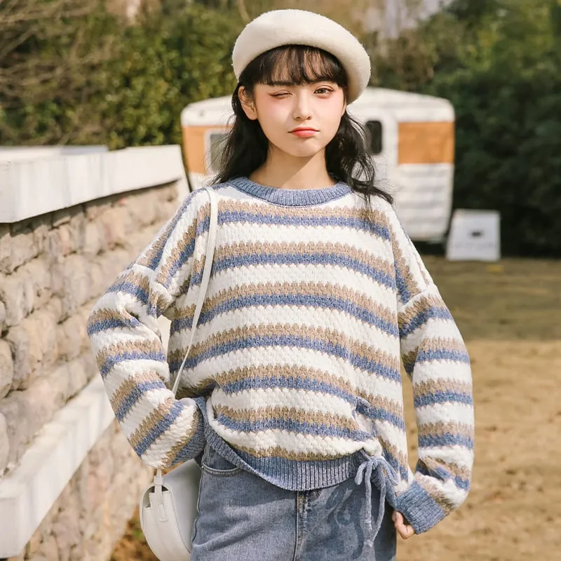 Fashion Girls Loose Short Style Contrast Color Striped Sweater