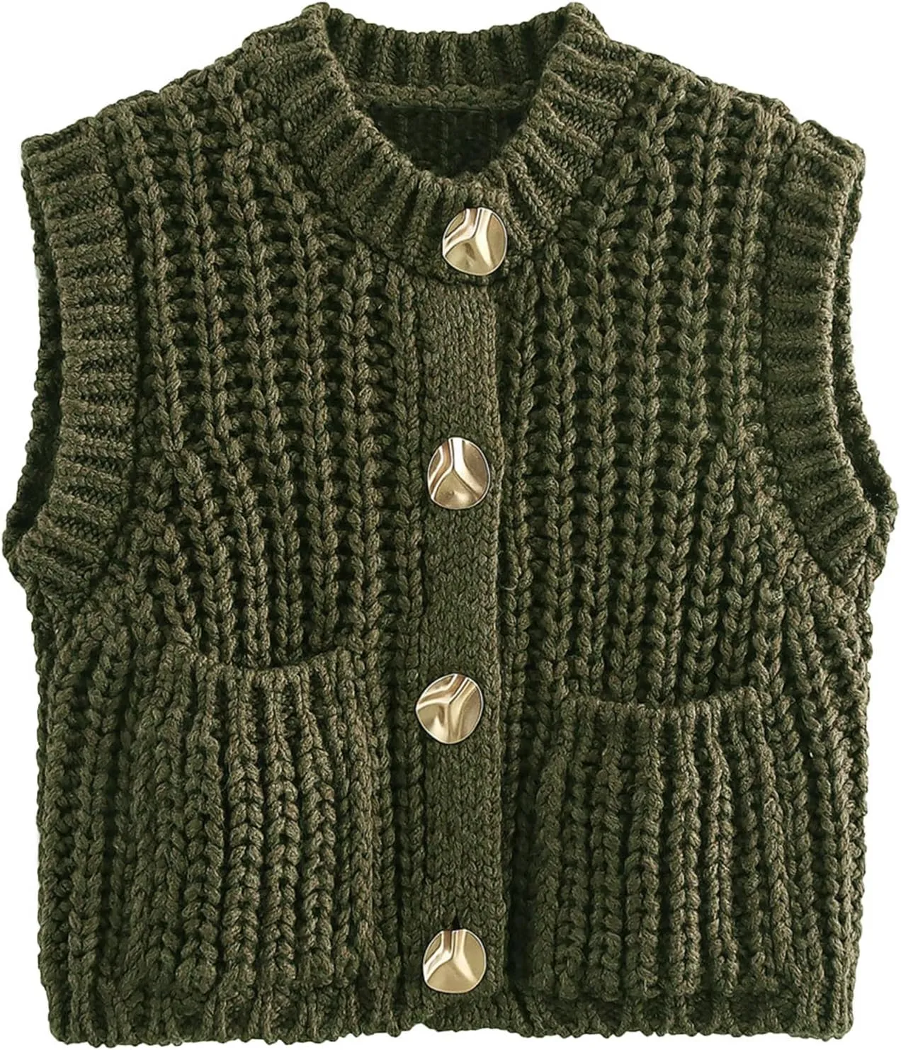 Flygo Womens Sleeveless Crop Chunky Knit Cardigan Trendy Button Down Cropped Knitted Sweater Vest Tops with Pockets