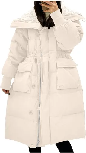 HGps8w Women's Oversized Long Quilted Puffer Jacket - Drawstring Waist Padded Down Coat Insulated Outerwear with Pockets