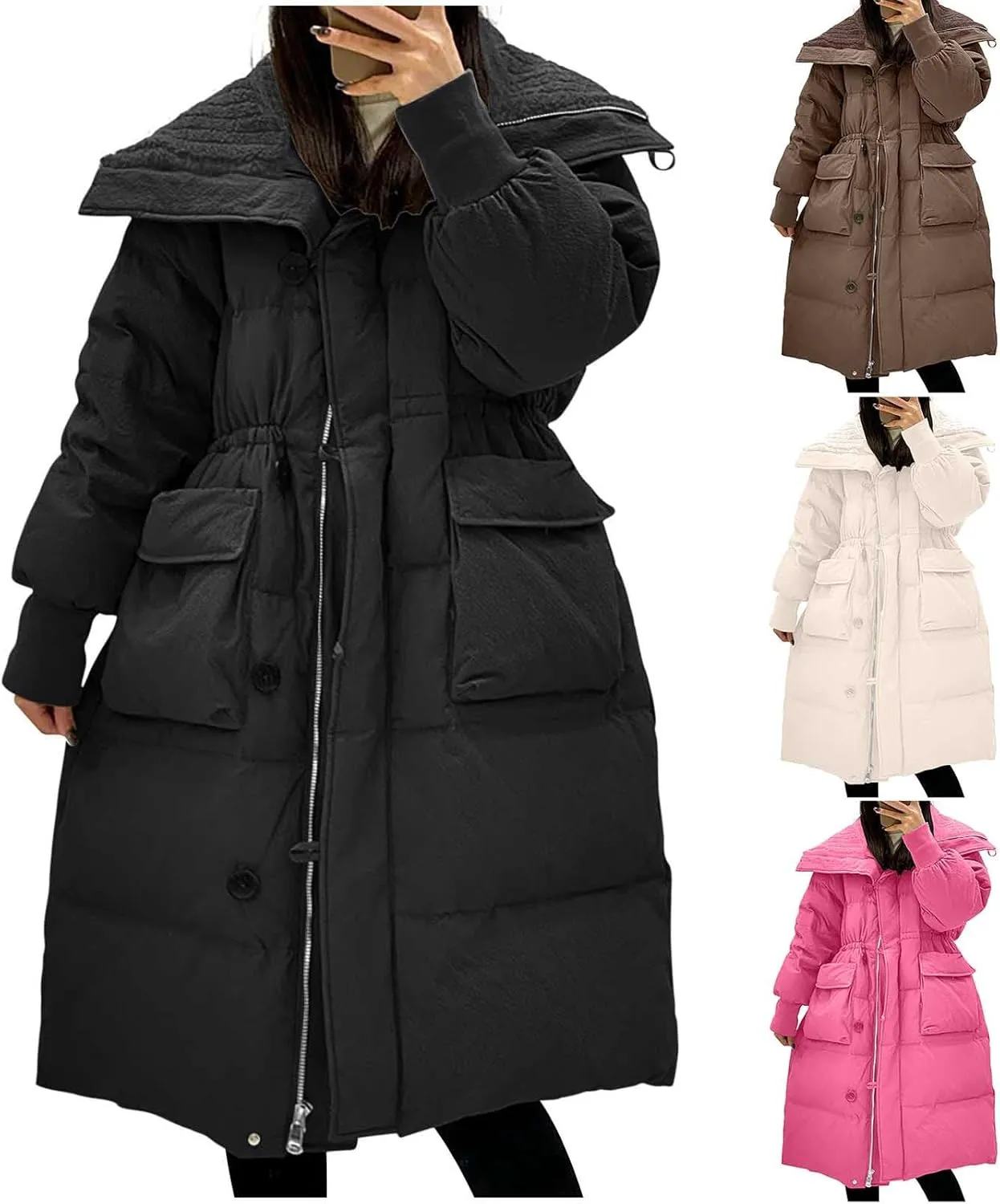 HGps8w Women's Oversized Long Quilted Puffer Jacket - Drawstring Waist Padded Down Coat Insulated Outerwear with Pockets