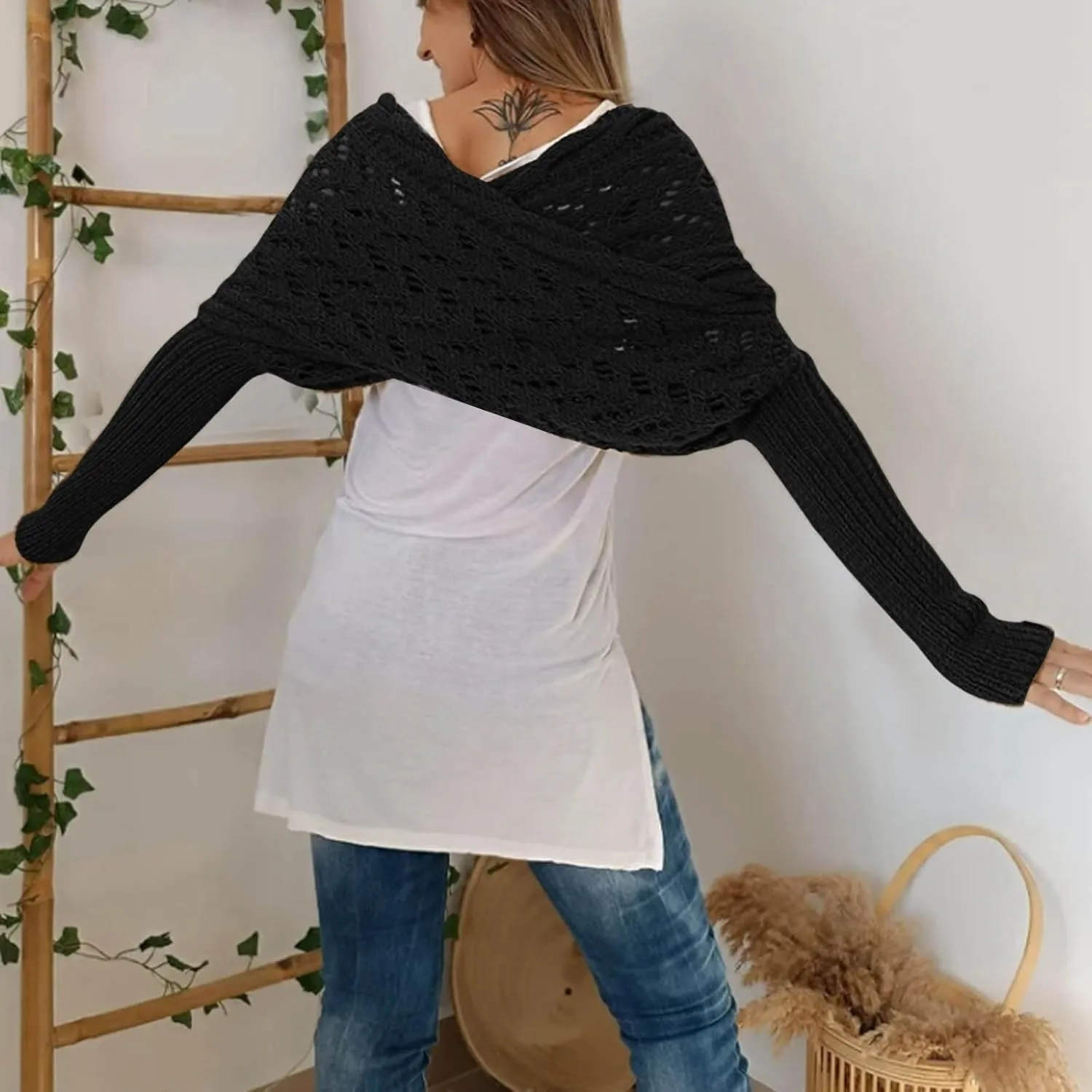 Knitted Cable Wrap Sweater Scarf with Sleeves Women Multifunctional Soft Scarf with Sleeves Cozy Sleeve Wrap Shawl