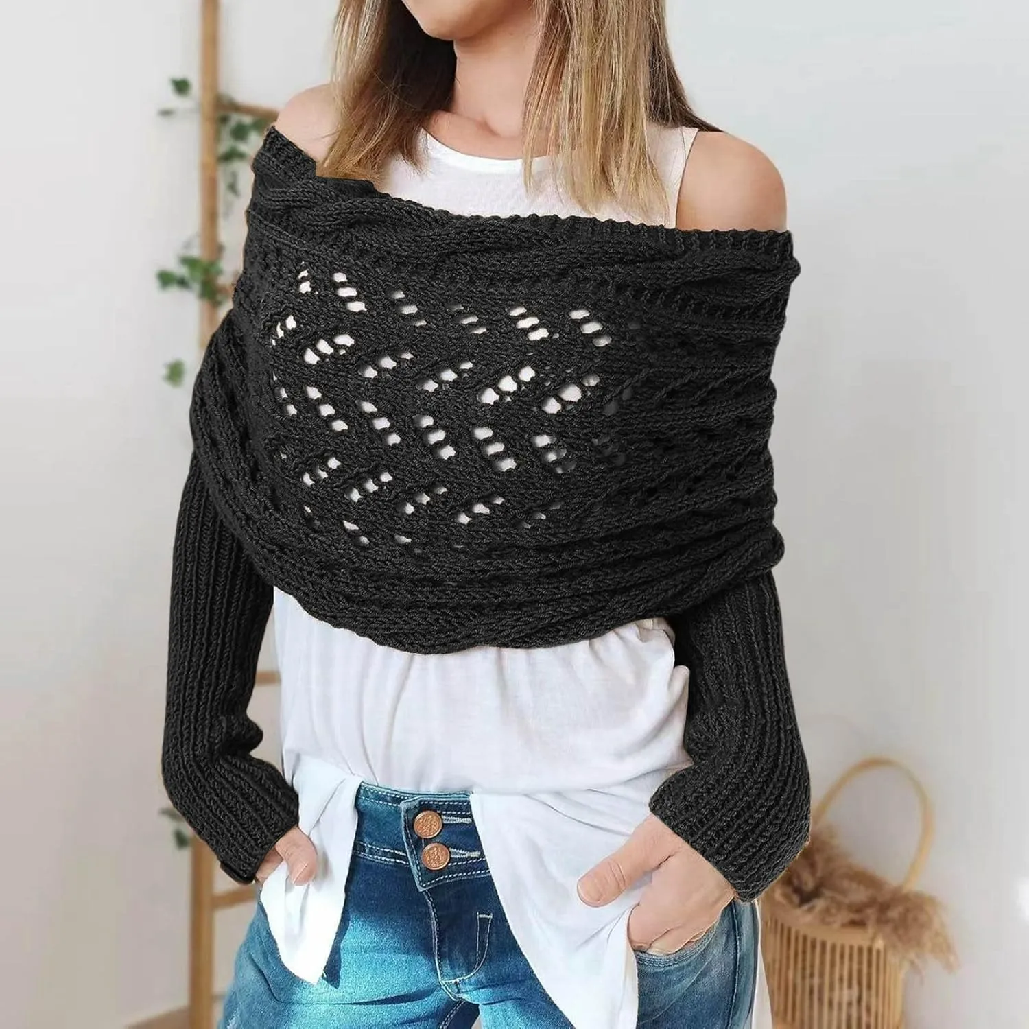 Knitted Cable Wrap Sweater Scarf with Sleeves Women Multifunctional Soft Scarf with Sleeves Cozy Sleeve Wrap Shawl