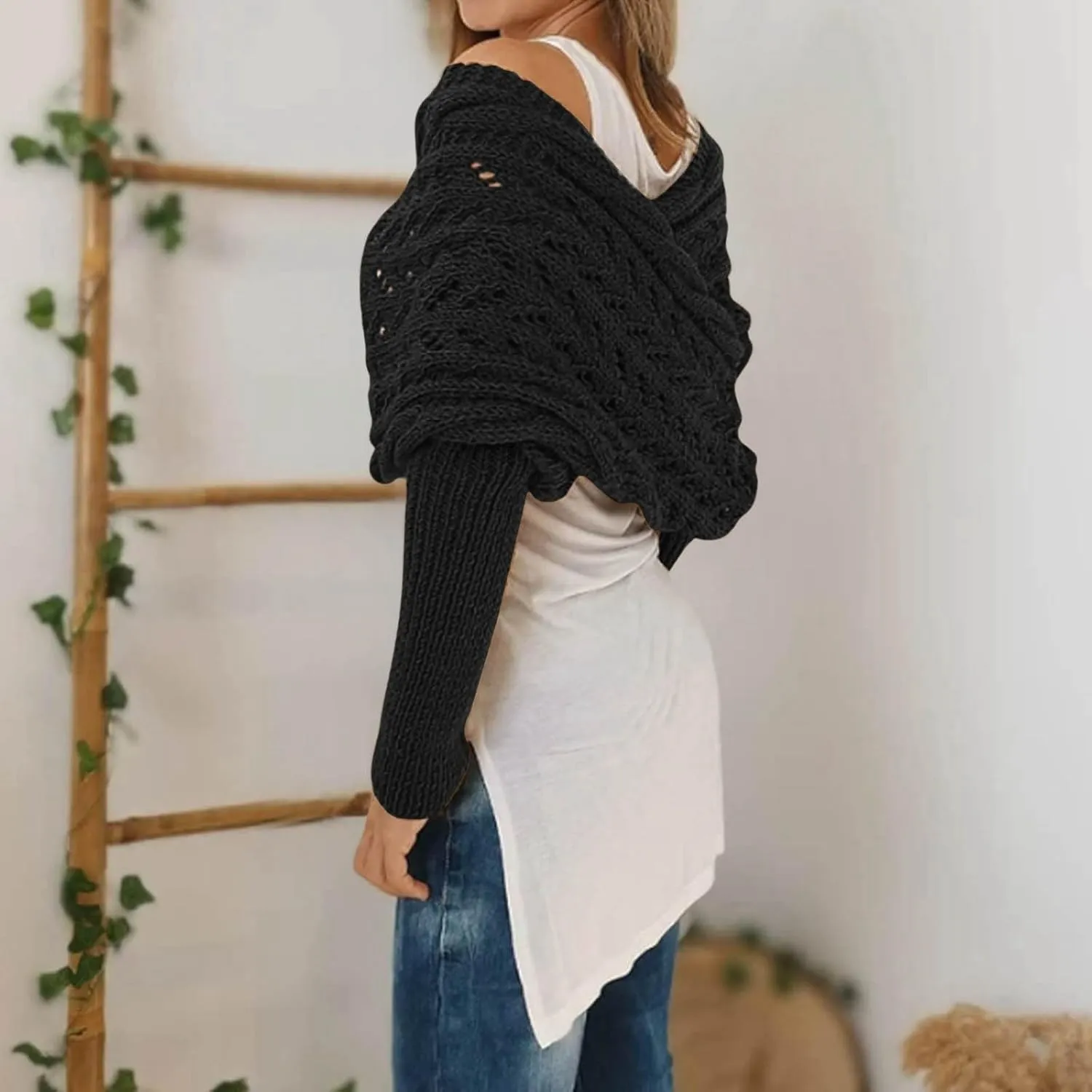 Knitted Cable Wrap Sweater Scarf with Sleeves Women Multifunctional Soft Scarf with Sleeves Cozy Sleeve Wrap Shawl
