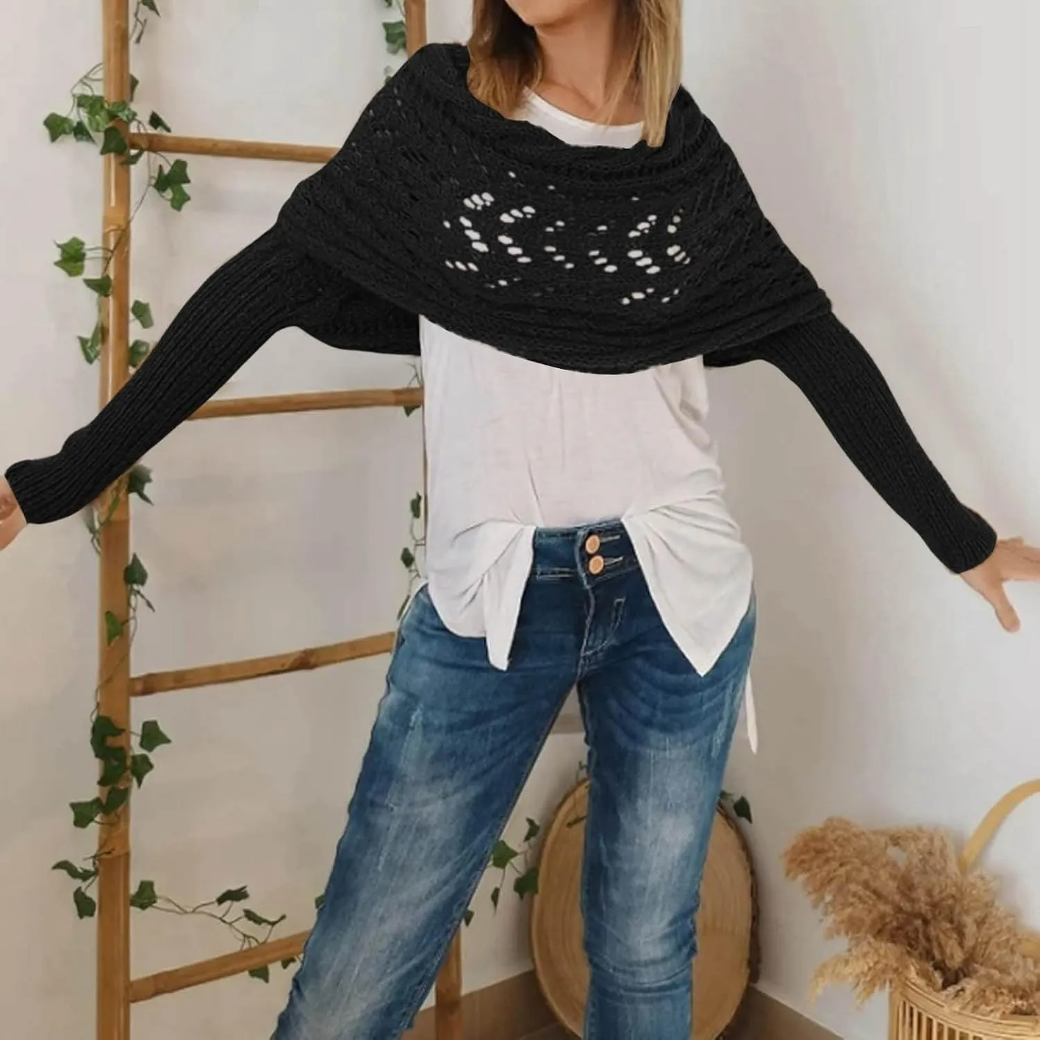 Knitted Cable Wrap Sweater Scarf with Sleeves Women Multifunctional Soft Scarf with Sleeves Cozy Sleeve Wrap Shawl