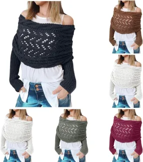 Knitted Cable Wrap Sweater Scarf with Sleeves Women Multifunctional Soft Scarf with Sleeves Cozy Sleeve Wrap Shawl