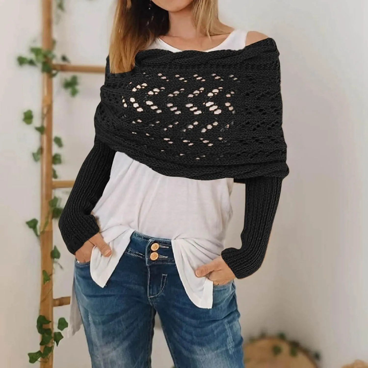 Knitted Cable Wrap Sweater Scarf with Sleeves Women Multifunctional Soft Scarf with Sleeves Cozy Sleeve Wrap Shawl