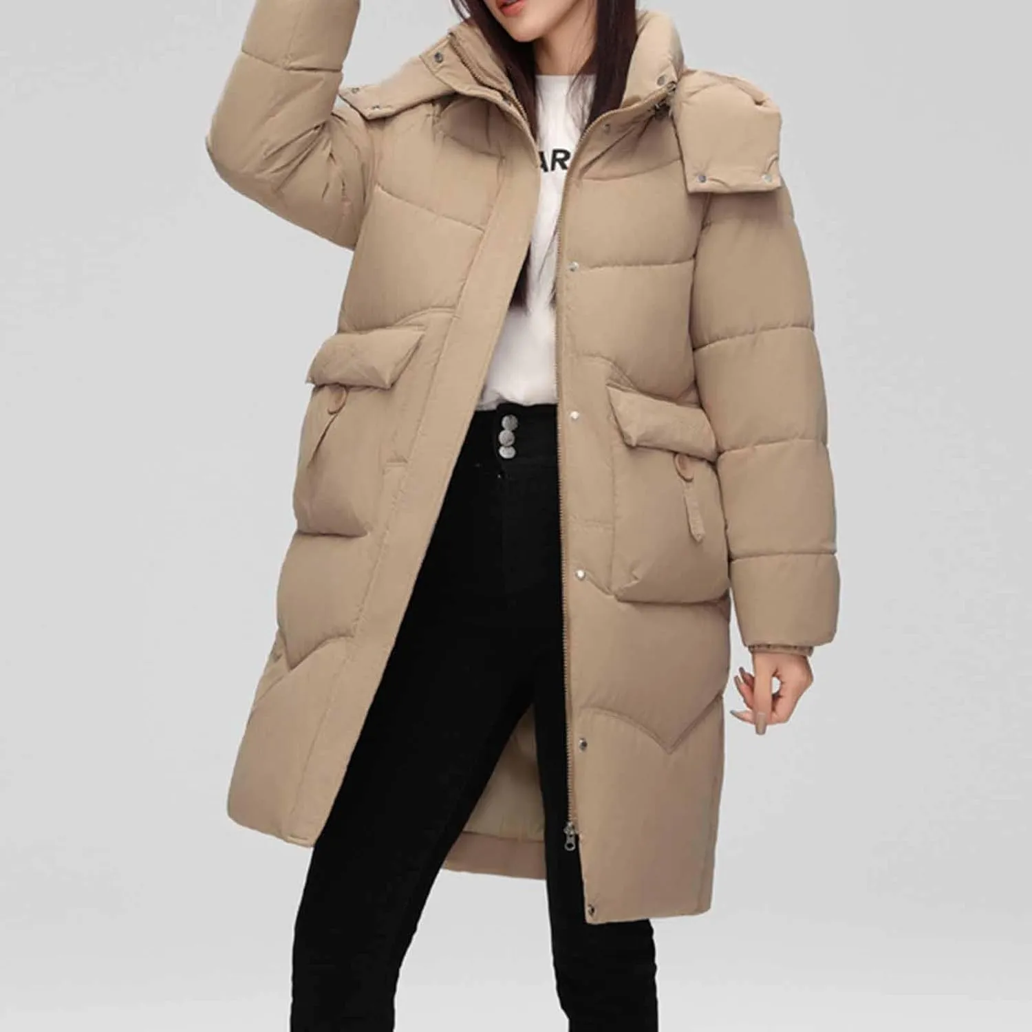 Long Down Puffer Jackets for Women Heavyweight Thicken Quilted Padded Coats Hooded Windproof Parka Military Jackets
