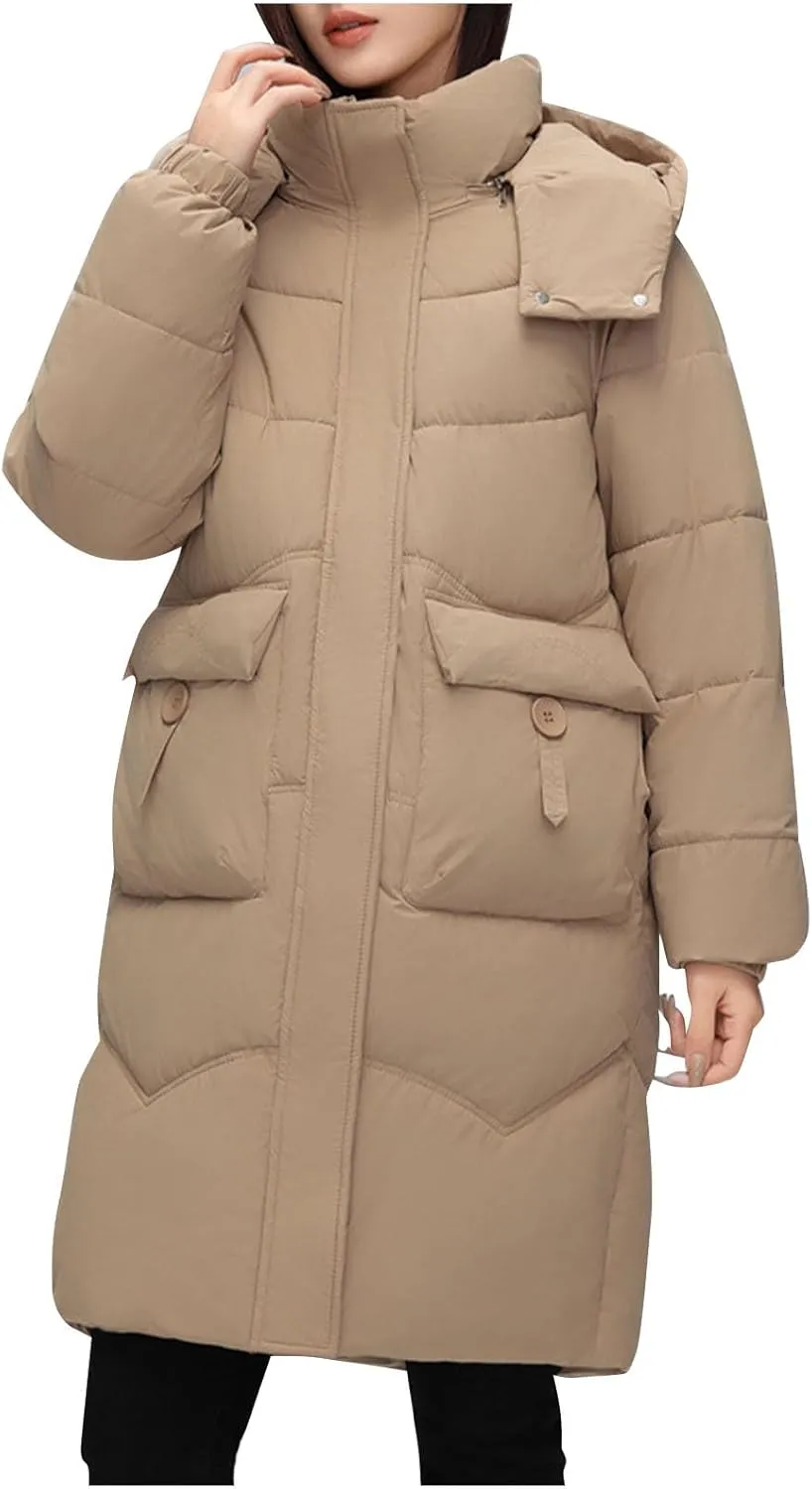 Long Down Puffer Jackets for Women Heavyweight Thicken Quilted Padded Coats Hooded Windproof Parka Military Jackets