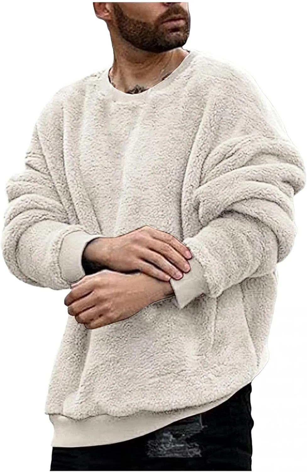 Mens Fuzzy Sherpa Sweatshirt Long Sleeve Fluffy Crew Neck Pullover Cozy Basic Loose Unisex Fall Winter Warm Tops