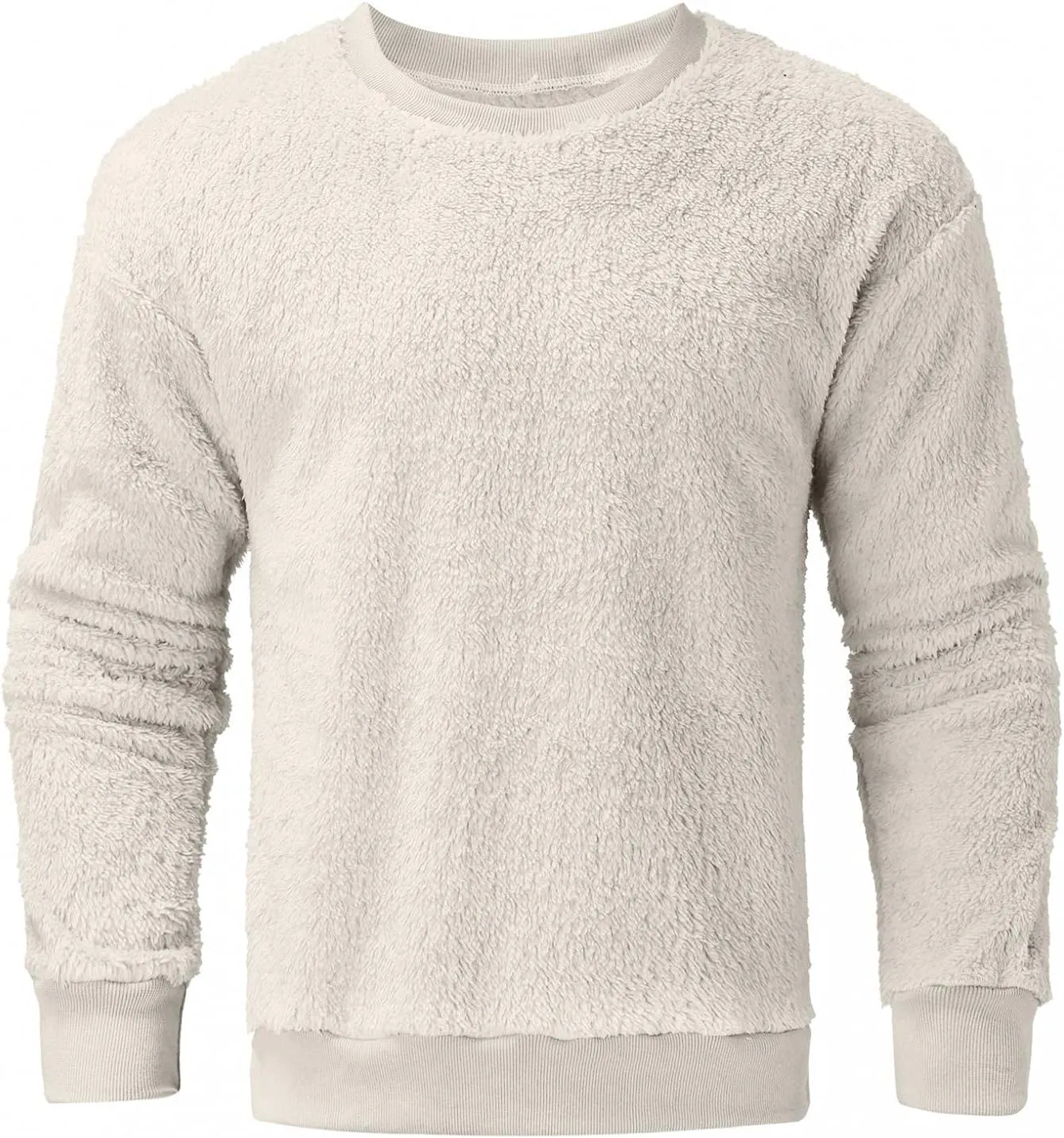 Mens Fuzzy Sherpa Sweatshirt Long Sleeve Fluffy Crew Neck Pullover Cozy Basic Loose Unisex Fall Winter Warm Tops