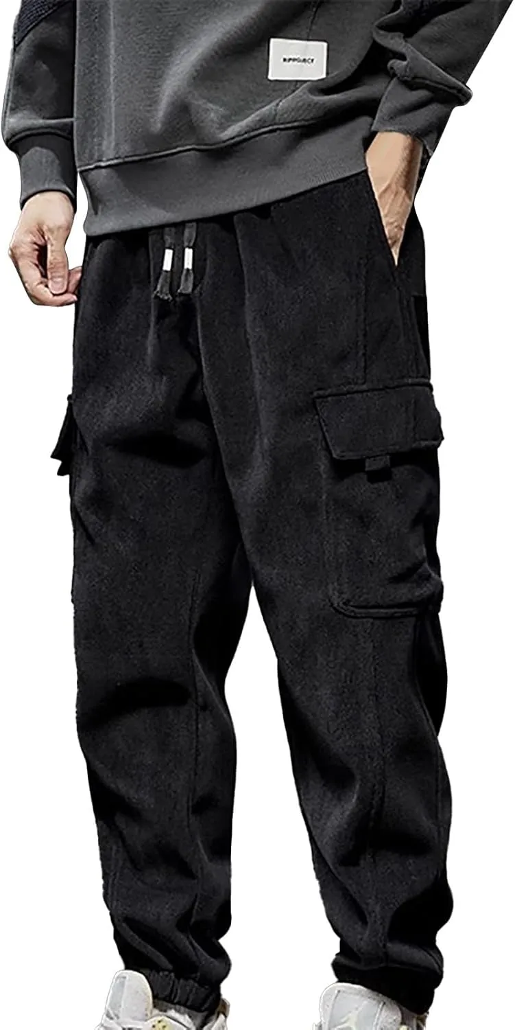 Mens Warm Padded Cargo Pants Plus Size Fleece Lined Winter Jogger Sweatpants Casual Fitness Plush Tapered Trousers