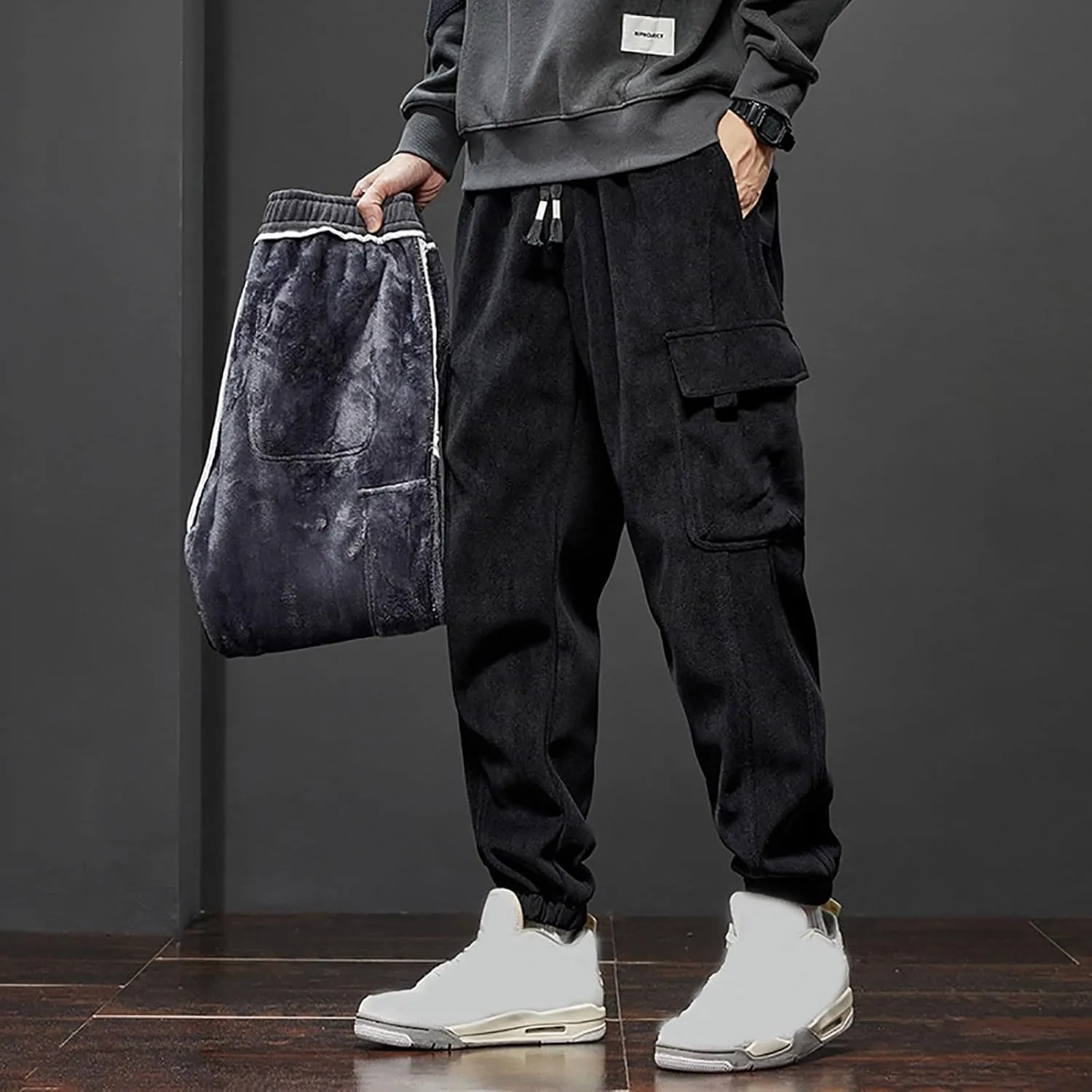 Mens Warm Padded Cargo Pants Plus Size Fleece Lined Winter Jogger Sweatpants Casual Fitness Plush Tapered Trousers