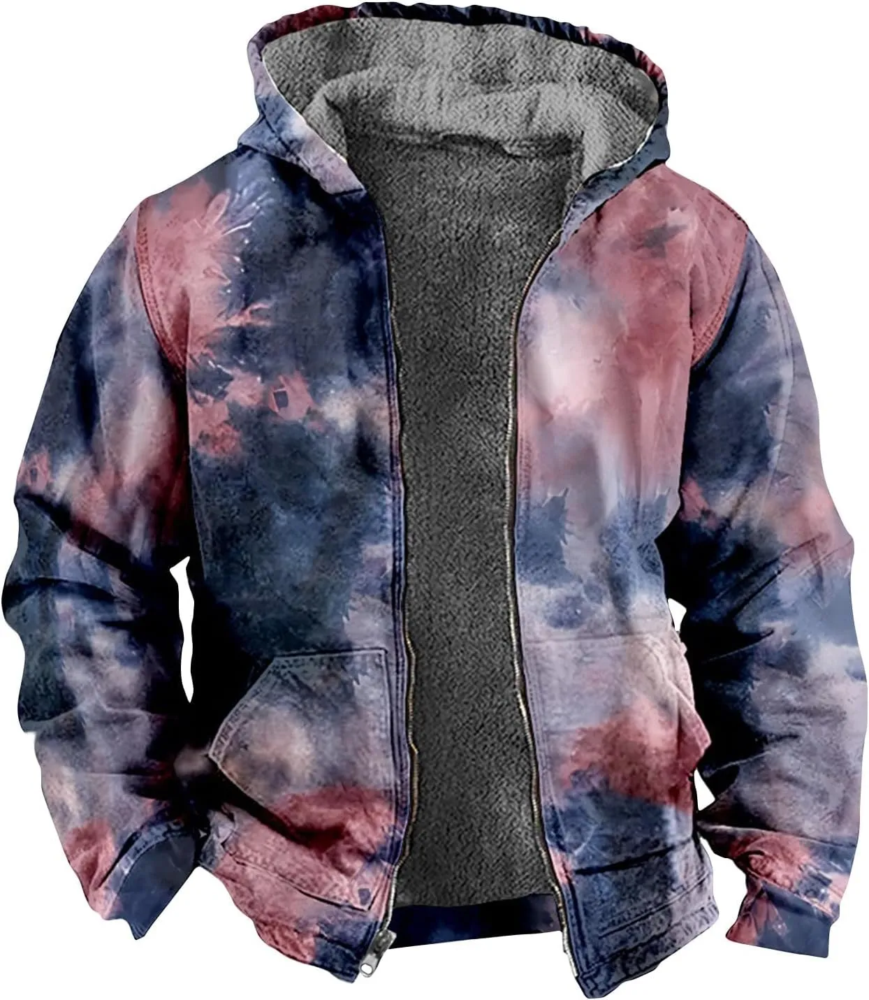 Men'S Winter Coats Tie-Dye Print Zipper Hooded Warm Windbreaker Jackets Oversized Heavy Hoodie