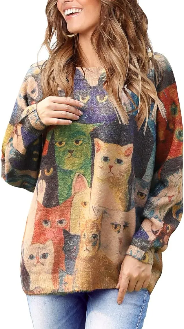 Spring Sweaters for Women 2025 Plus Size Crewneck Lightweigh Pullover Sweaters Graphic Printed Knit Trendy Tops