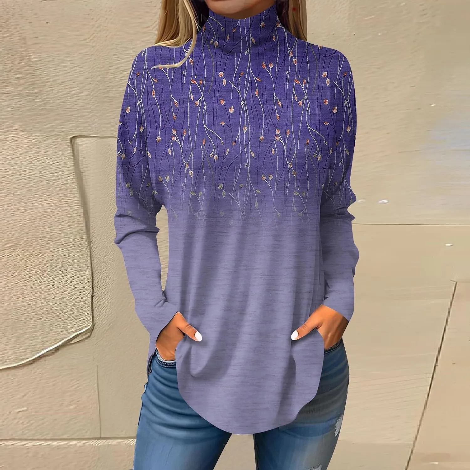 Tunic Tops For Women Loose Fit Dressy Print Mock Neck Shirts Casual Turtle Necks Long Sleeve Shirts Fall Blouse