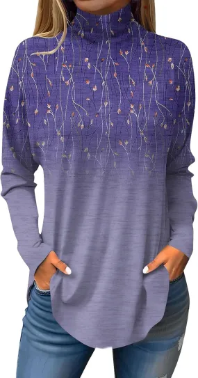 Tunic Tops For Women Loose Fit Dressy Print Mock Neck Shirts Casual Turtle Necks Long Sleeve Shirts Fall Blouse