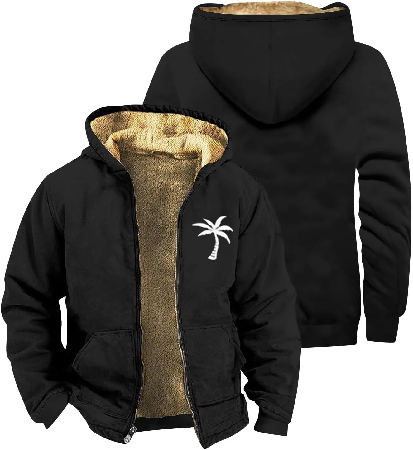 Winter Coat For Men With Hood Fleece Lined Zipper Graphic Coat Motorcycle Heavy Fashion Jacket