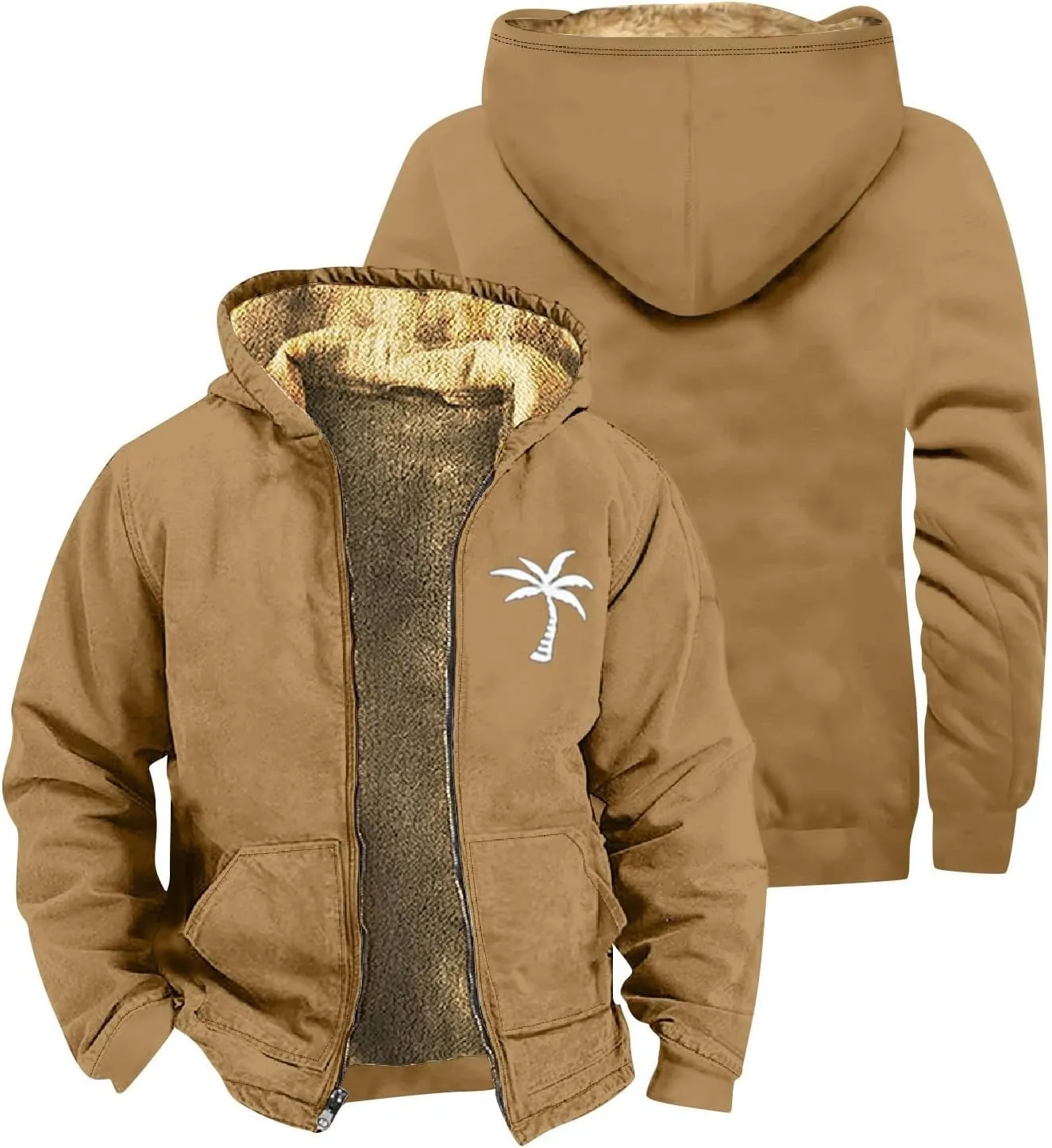 Winter Coat Men With Hood Fleece Lined Zipper Graphic Coat Heated Heavy Big And Tall Jacket