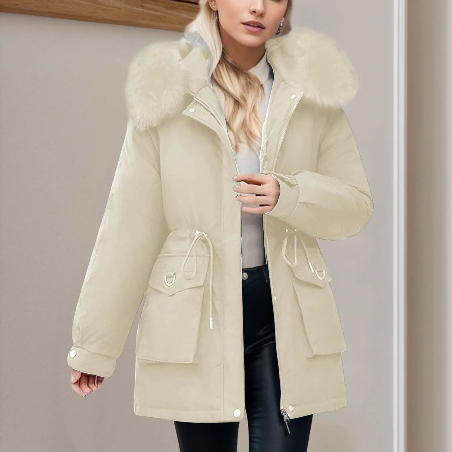 Women's Down Jackets Mid Length Thickened Quilted Puffer Jackets Padded Winter Coat Faux Fur Hooded Outerwear Pockets
