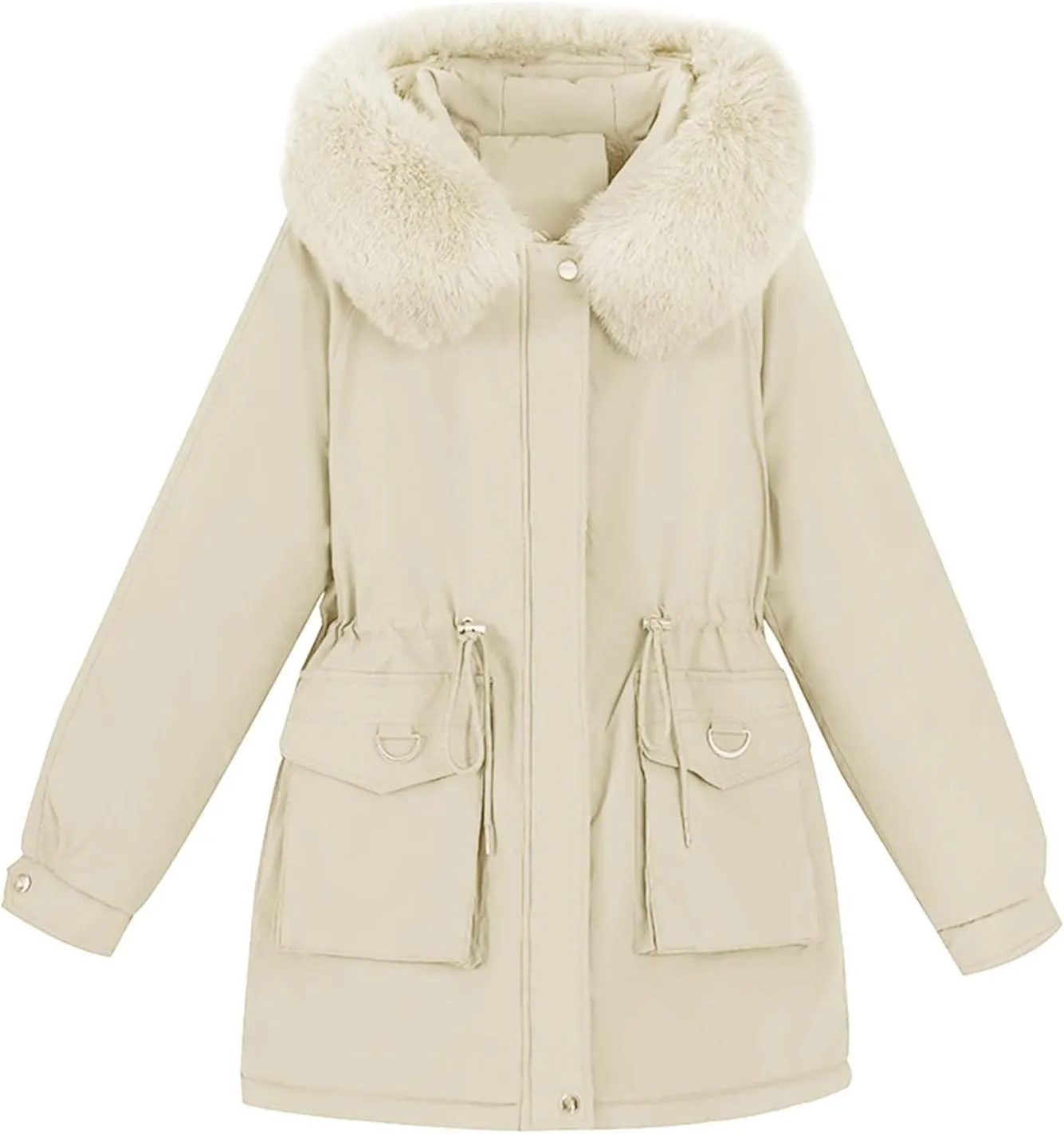 Women's Down Jackets Mid Length Thickened Quilted Puffer Jackets Padded Winter Coat Faux Fur Hooded Outerwear Pockets