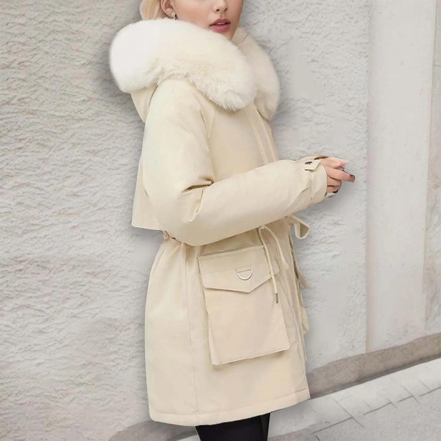 Women's Down Jackets Mid Length Thickened Quilted Puffer Jackets Padded Winter Coat Faux Fur Hooded Outerwear Pockets