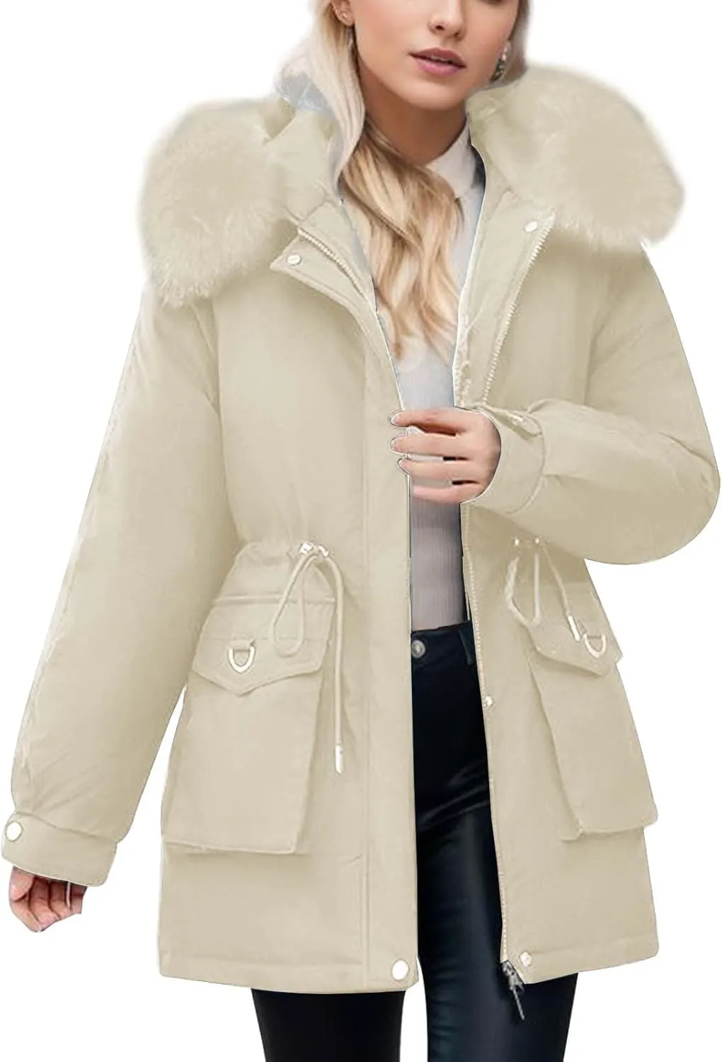 Women's Down Jackets Mid Length Thickened Quilted Puffer Jackets Padded Winter Coat Faux Fur Hooded Outerwear Pockets