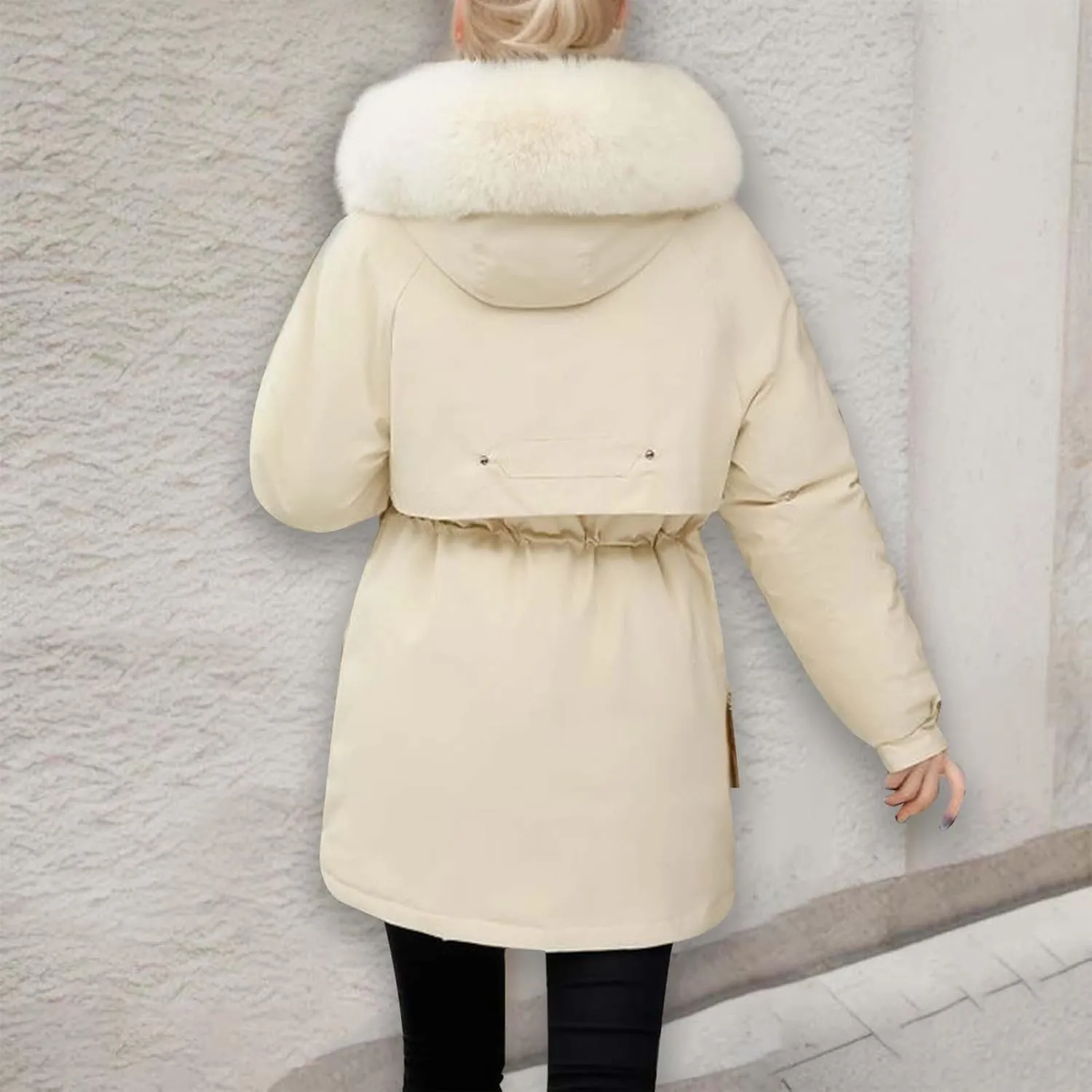 Women's Down Jackets Mid Length Thickened Quilted Puffer Jackets Padded Winter Coat Faux Fur Hooded Outerwear Pockets
