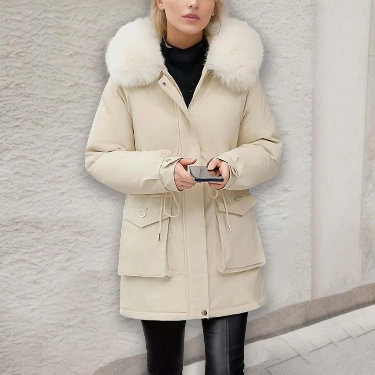 Women's Down Jackets Mid Length Thickened Quilted Puffer Jackets Padded Winter Coat Faux Fur Hooded Outerwear Pockets