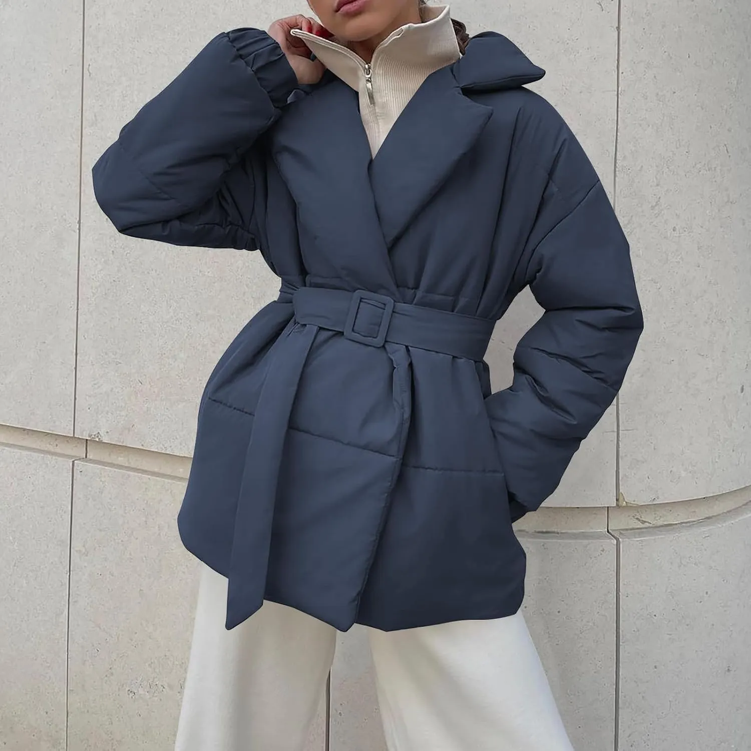 Womens Hooded Quilted Puffer Jacket Mid-Length Padded Warm Winter Heavyweight Coat Outerwear with Belt