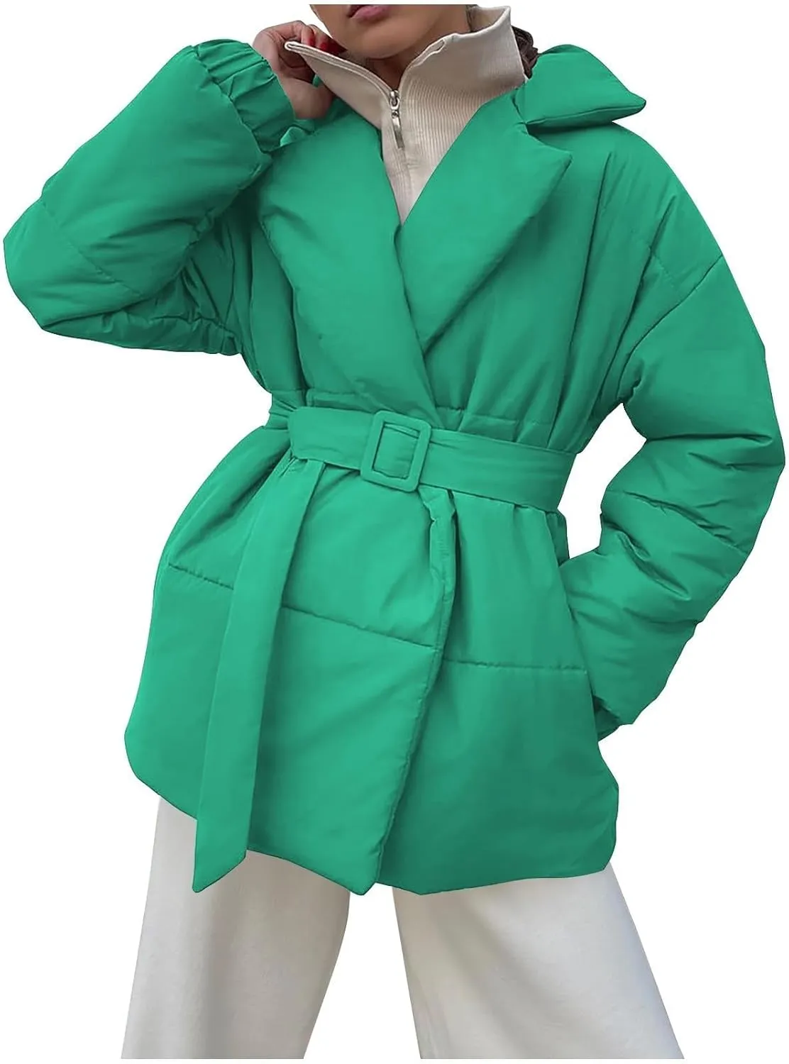 Womens Hooded Quilted Puffer Jacket Mid-Length Padded Warm Winter Heavyweight Coat Outerwear with Belt