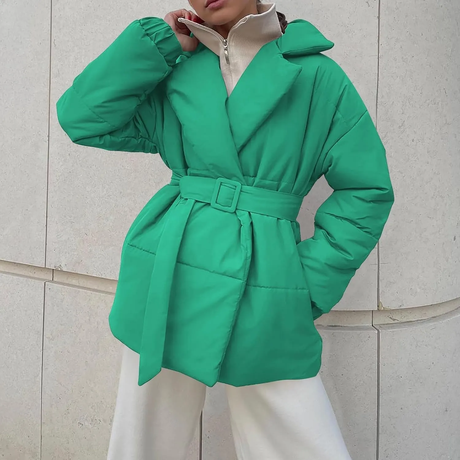 Womens Hooded Quilted Puffer Jacket Mid-Length Padded Warm Winter Heavyweight Coat Outerwear with Belt