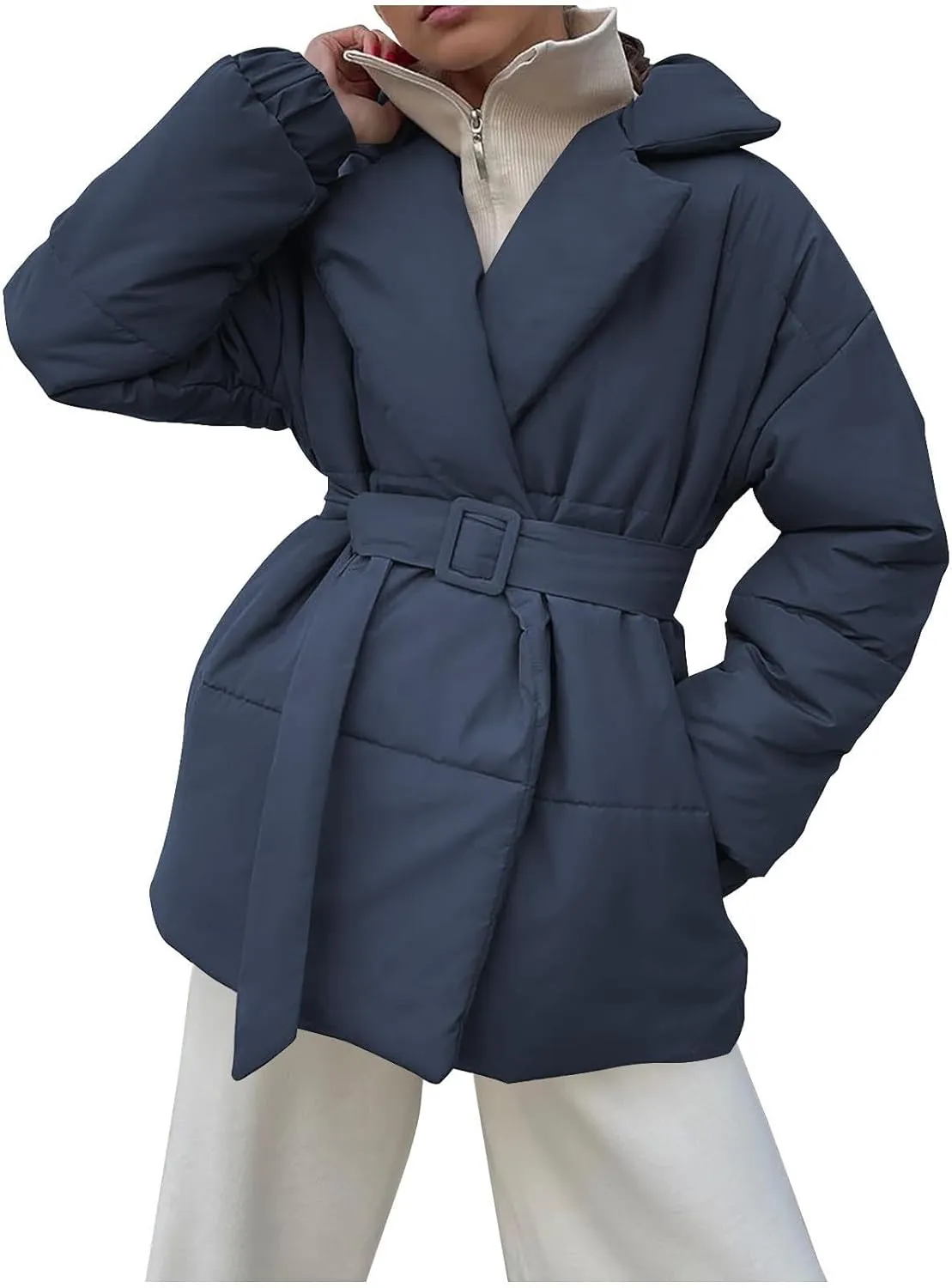 Womens Hooded Quilted Puffer Jacket Mid-Length Padded Warm Winter Heavyweight Coat Outerwear with Belt