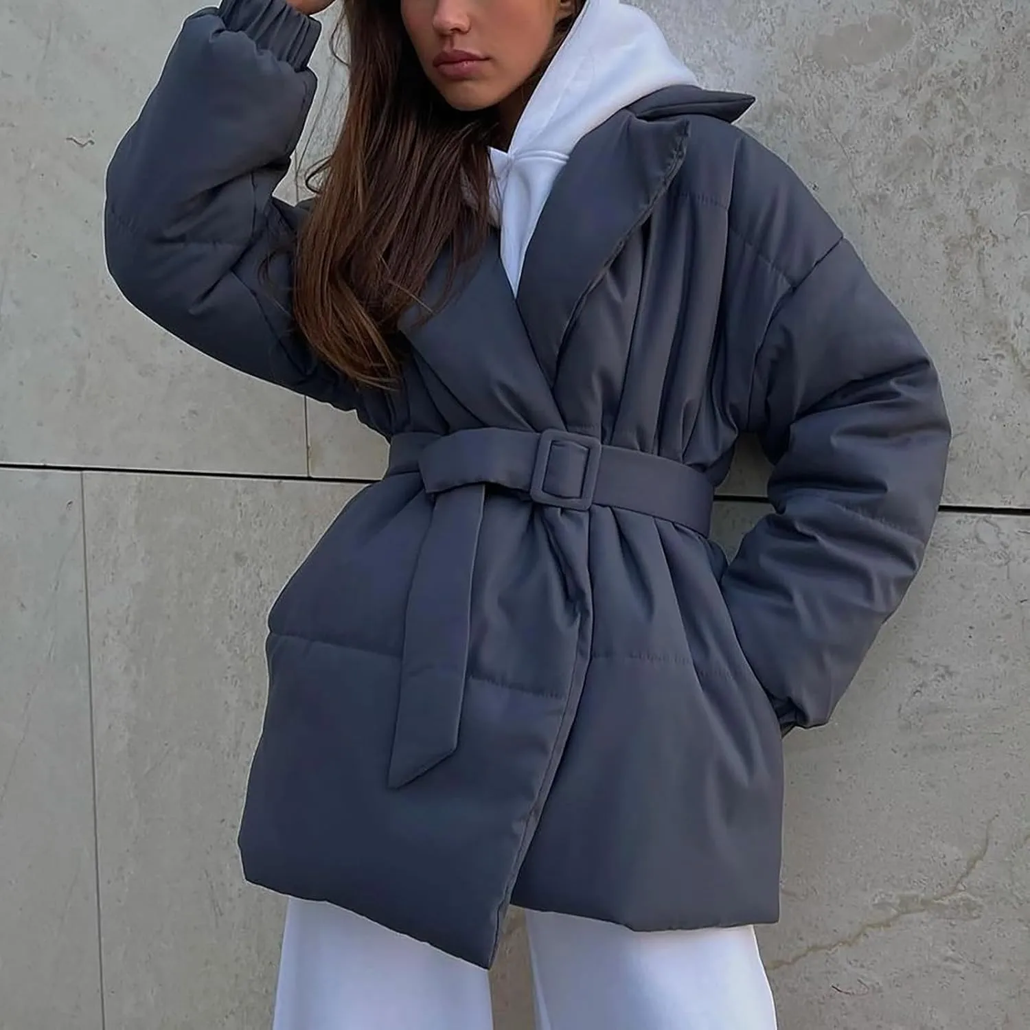 Womens Hooded Quilted Puffer Jacket Mid-Length Padded Warm Winter Heavyweight Coat Outerwear with Belt