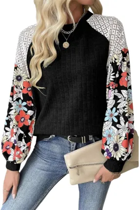 Women's Knit Floral Long Sleeve Sweaters Pullover Crewneck Cute Cozy Color Block Long Sleeve Sweaters Tops