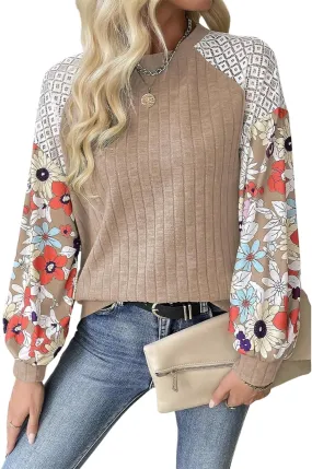 Women's Knit Floral Long Sleeve Sweaters Pullover Crewneck Cute Cozy Color Block Long Sleeve Sweaters Tops