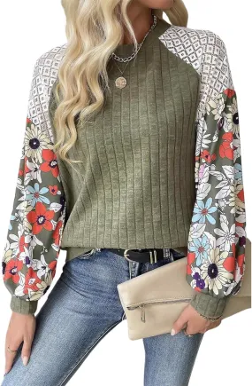 Women's Knit Floral Long Sleeve Sweaters Pullover Crewneck Cute Cozy Color Block Long Sleeve Sweaters Tops