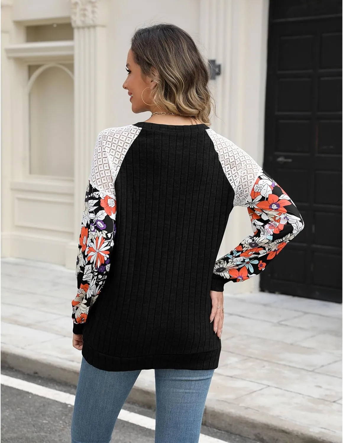 Women's Knit Floral Long Sleeve Sweaters Pullover Crewneck Cute Cozy Color Block Long Sleeve Sweaters Tops