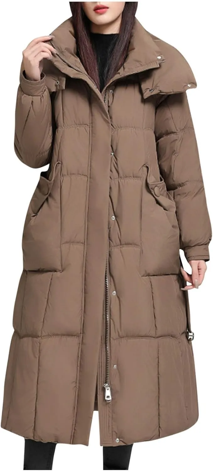 Womens Long Winter Down Puffer Jackets Heavyweight Thicken Quilted Trench Coat Windproof Padded Military Parka Jacket