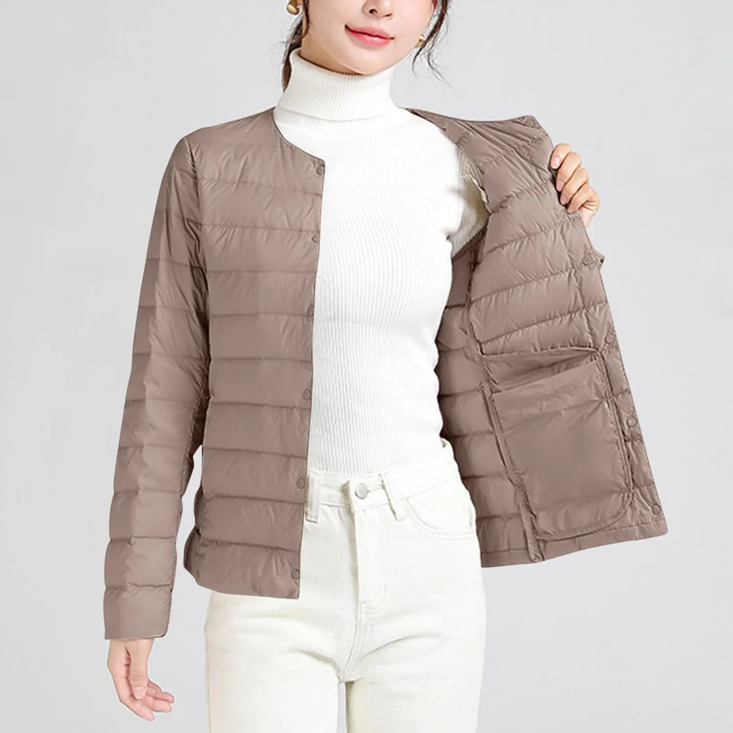 Women's Puffer Jacket Lightweight Packable Down Coat Winter Quilted Padded Jackets Long Sleeve Button Down Outwear