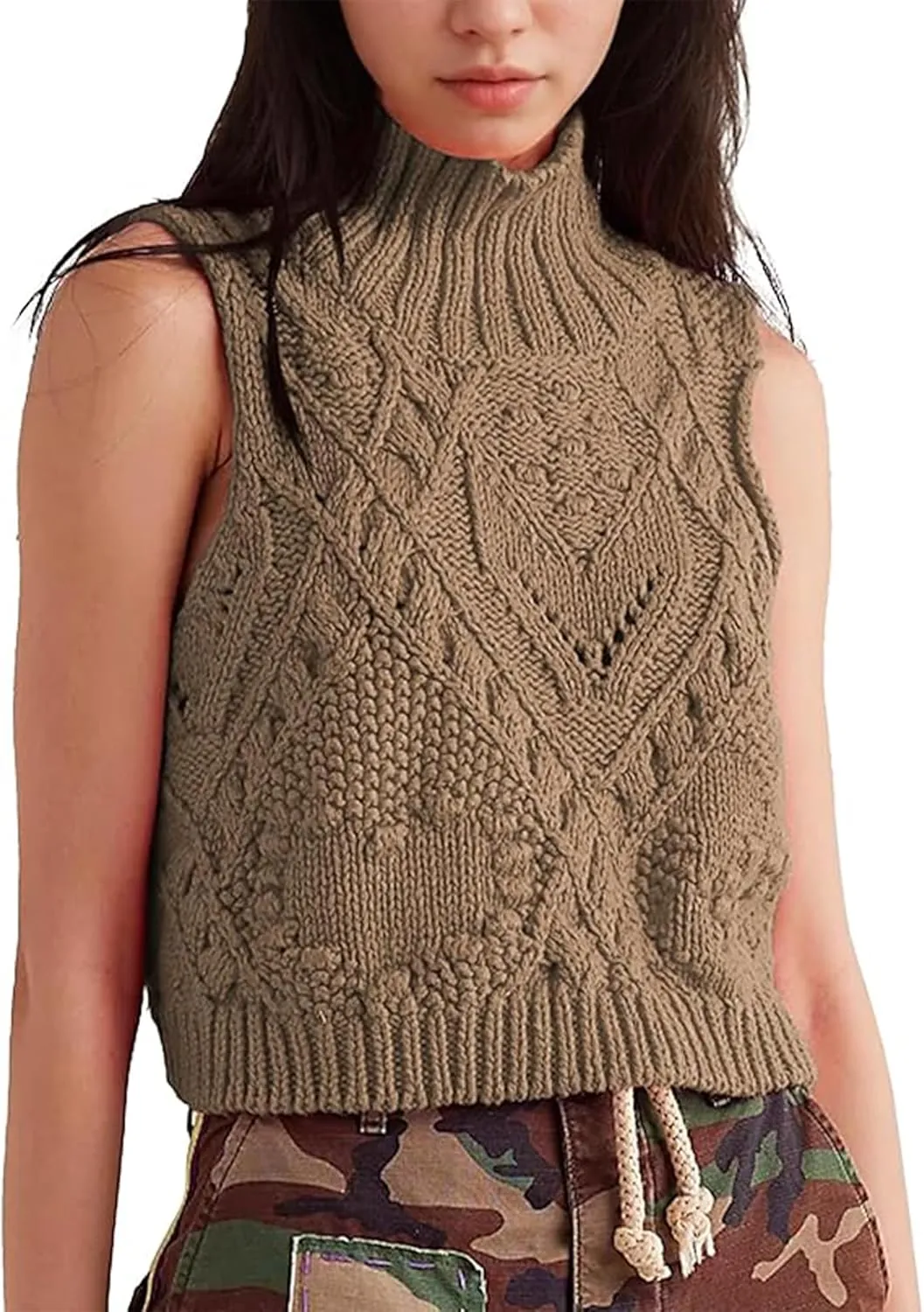 Womens Sweater Vest Turtleneck Sleeveless Crochet Knit Pullover Tank Tops Casual Fashion Trendy Outfits