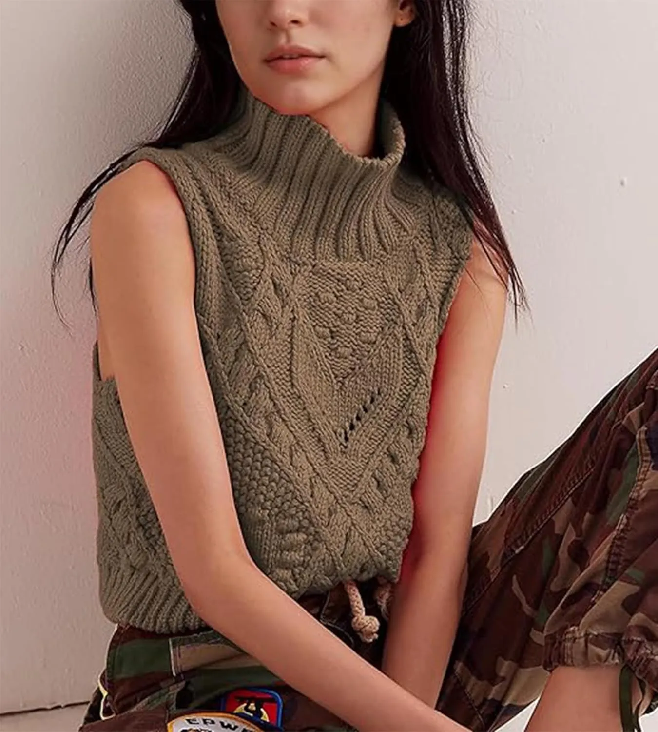 Womens Sweater Vest Turtleneck Sleeveless Crochet Knit Pullover Tank Tops Casual Fashion Trendy Outfits